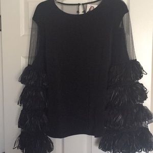 Evening Cocktail blouse with sheer fringed sleeves